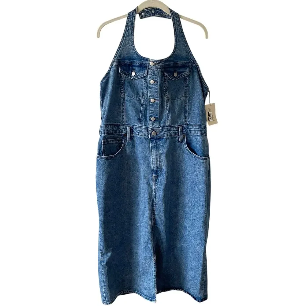 NEW UNIVERSAL THREAD Halter Denim Slit Hem Midi Jean Dress Size 0 Blue Y2K - Picture 2 of 7